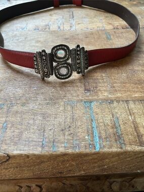 Chico's Red Leather Belt with Decorative Silver-Tone Buckle